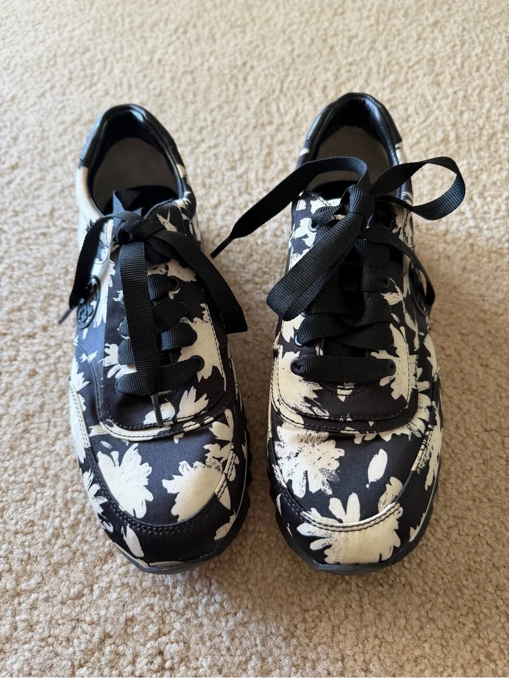 Tory Burch Black and White Floral Lace-Up Sneakers